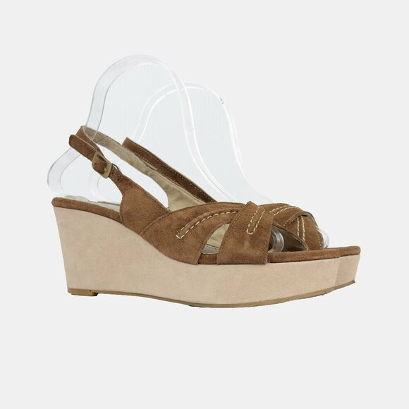 VTG HUSH PUPPIES Sling Back Suede‎ Peep Toes Wedges Platform Brown Sandals 7 M - Picture 2 of 12